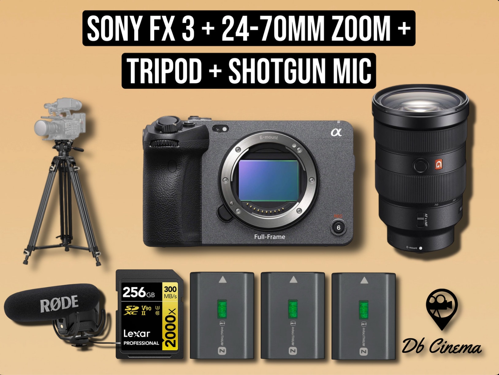 Sony fx 3 fx3 full frame 4k cinema camera + 24-70 mm f2.8 zoom lens gmaster gm g-master + tripod + rode shotgun video mic pro plus